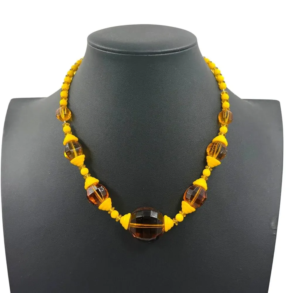Vintage 30s Art Deco Amber Faceted Glass Yellow Celluloid Cone Choker Necklace